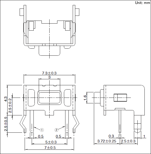 7.3×6.72×4.3mm Side push tact schakelaars 0.98N