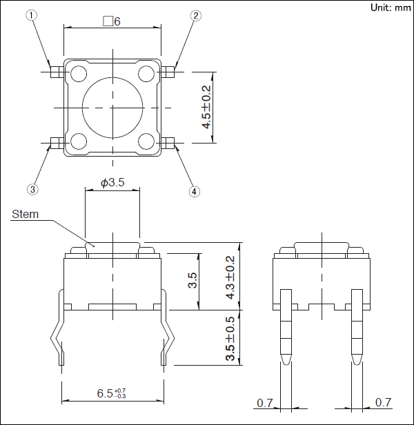 6.0×6.0×4.3mm टैक्ट स्विच 0.98N